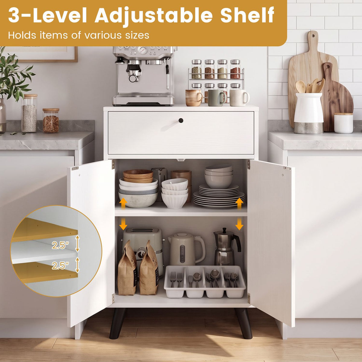 Open white cabinet stocked with dishes and kitchen items, with arrows highlighting shelf positions.