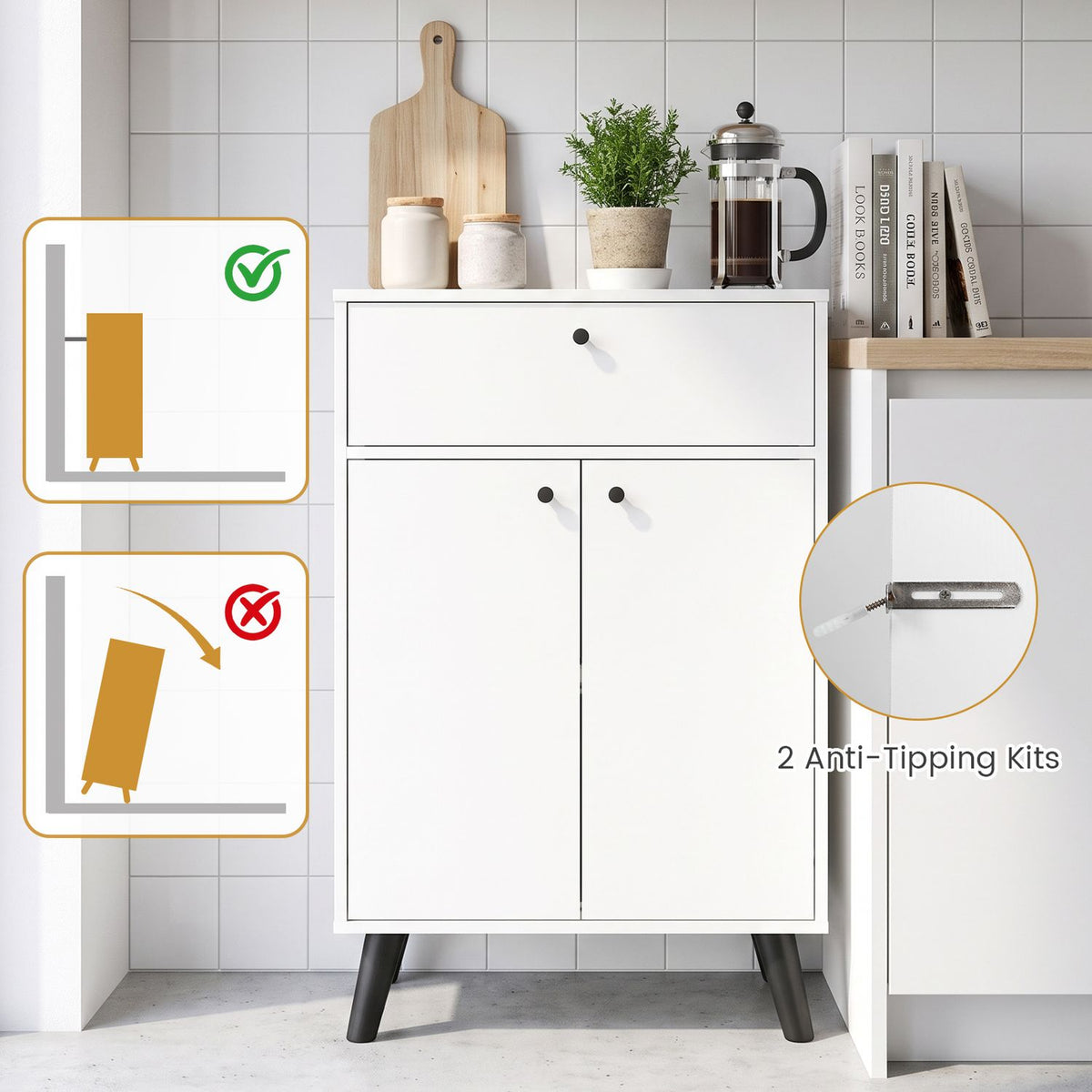 Closed white cabinet beside safety illustrations and a circular close-up of a wall attachment.