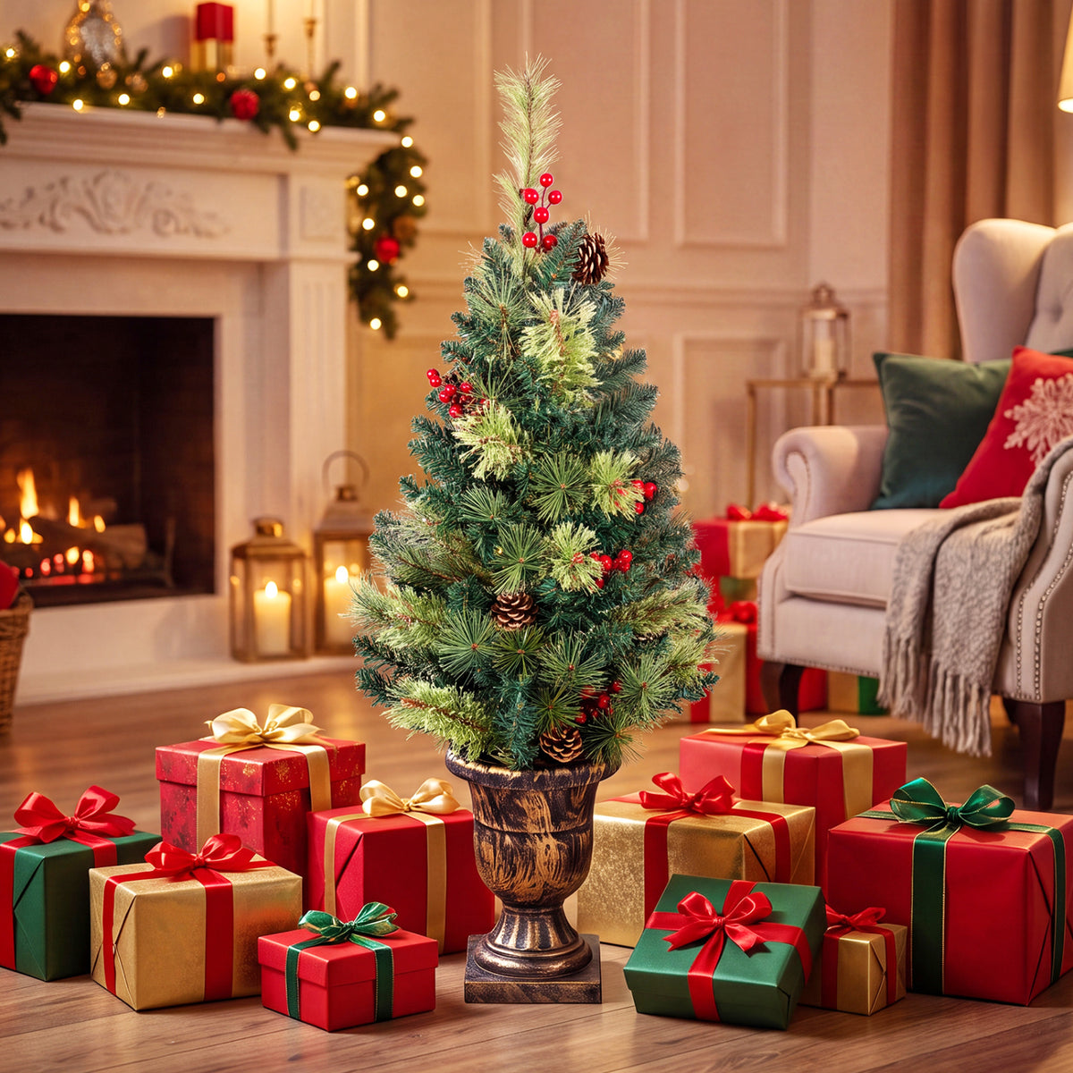 LED Christmas Tree with Red Berries Pine Cones