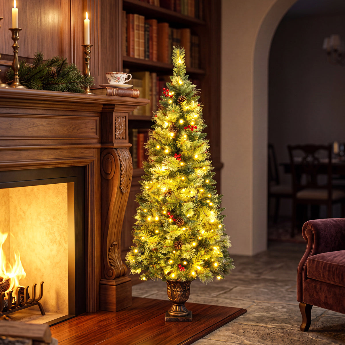 LED Christmas Tree with Red Berries Pine Cones