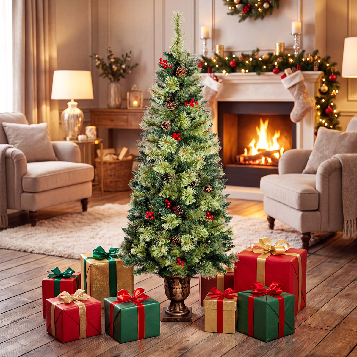 LED Christmas Tree with Red Berries Pine Cones