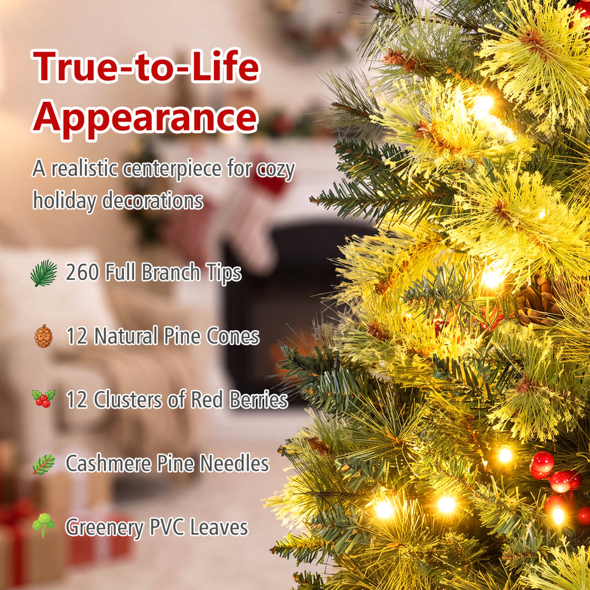 LED Christmas Tree with Red Berries Pine Cones