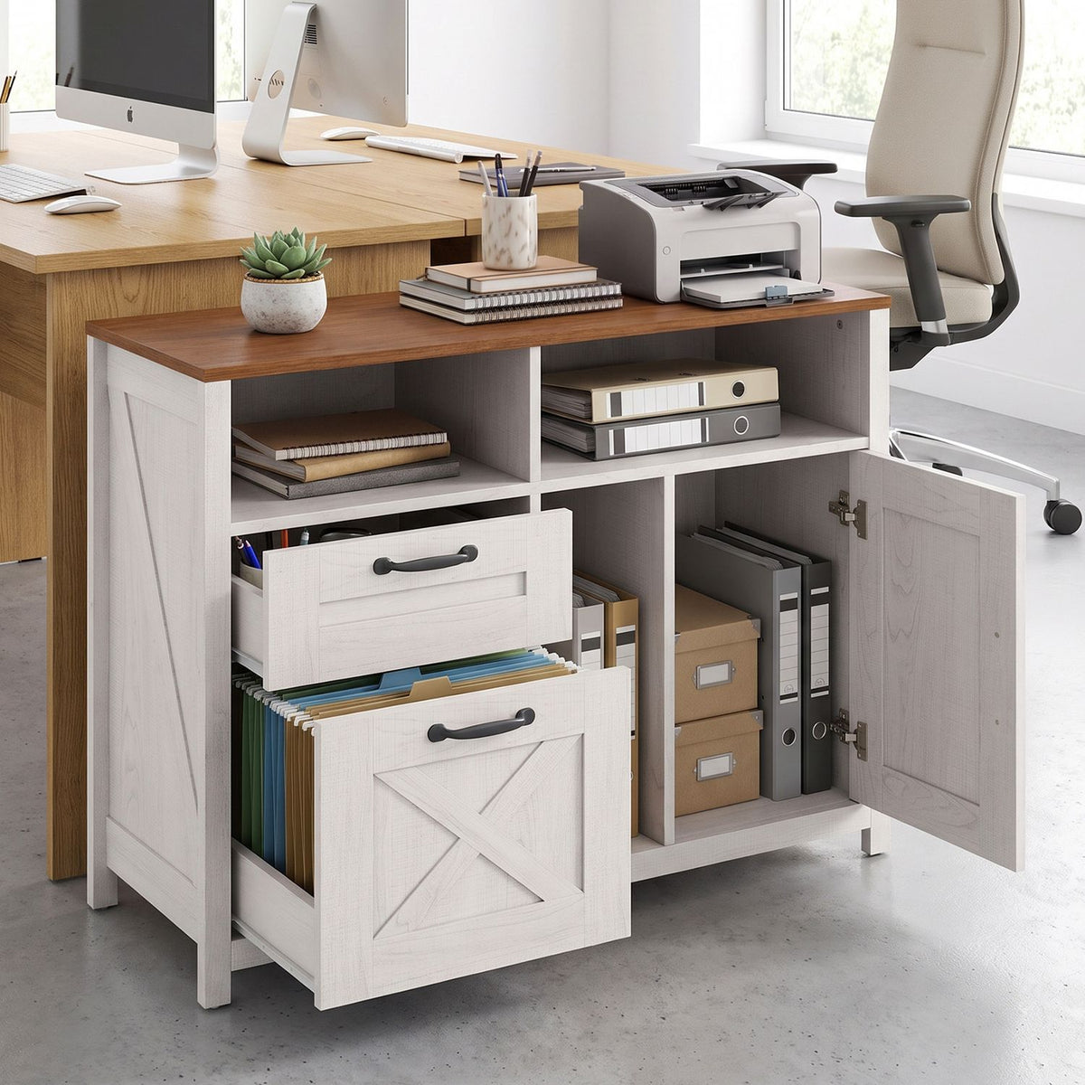 White cabinet beside a desk, with two drawers and a side door open to reveal files and folders.
