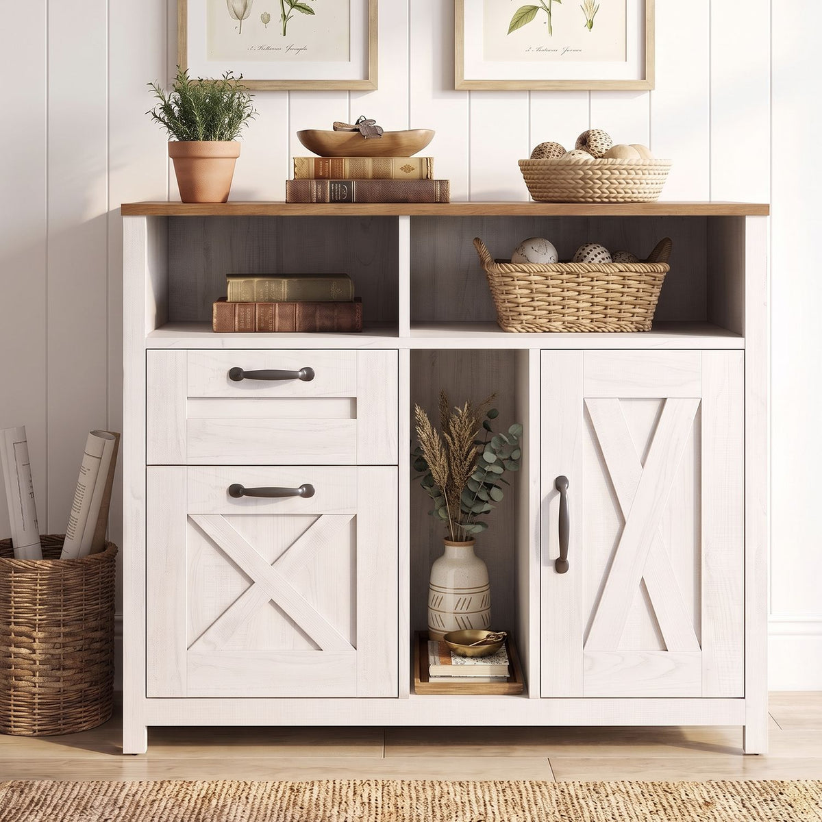 White cabinet with a wood-tone top, two drawers, two doors, and open display cubbies.