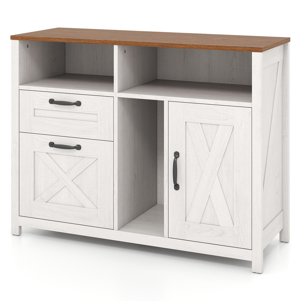 White storage cabinet with a wood-tone top, two open cubbies, two drawers, a center shelf, and a side door.