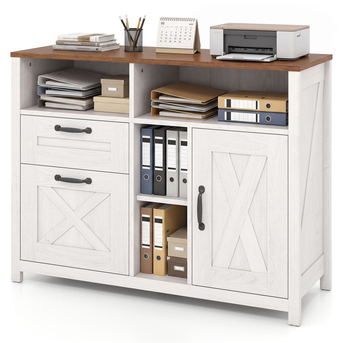 Cabinet with files and boxes arranged in its open cubbies, beneath a wood-tone top holding office supplies.