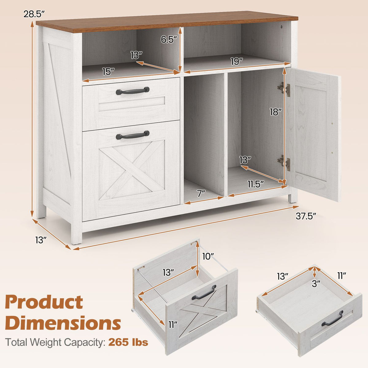 White file cabinet shown with its door open and drawers pictured separately, surrounded by measurement arrows.