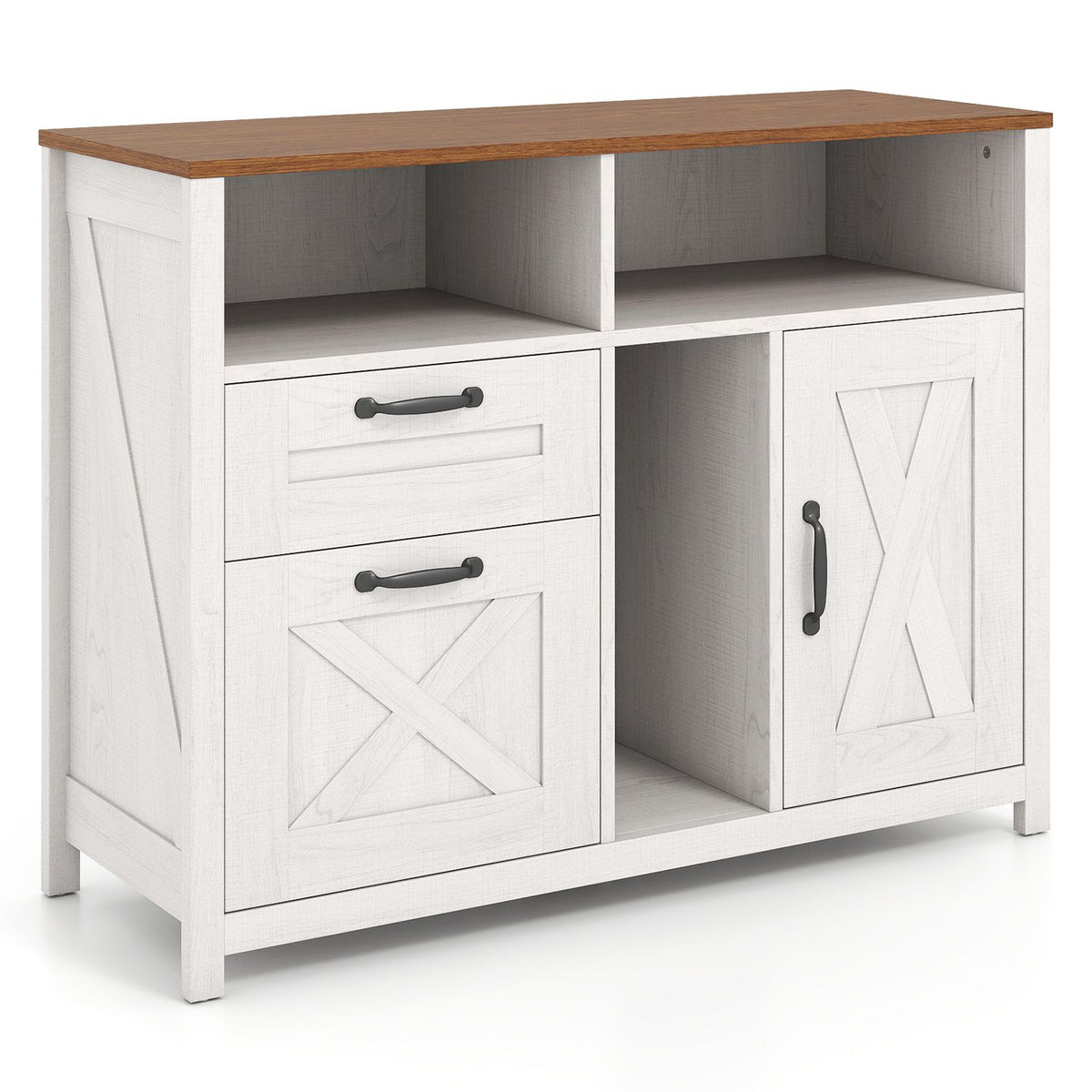 White cabinet with a wood-toned top, two drawers, open compartments, and a closed side door.