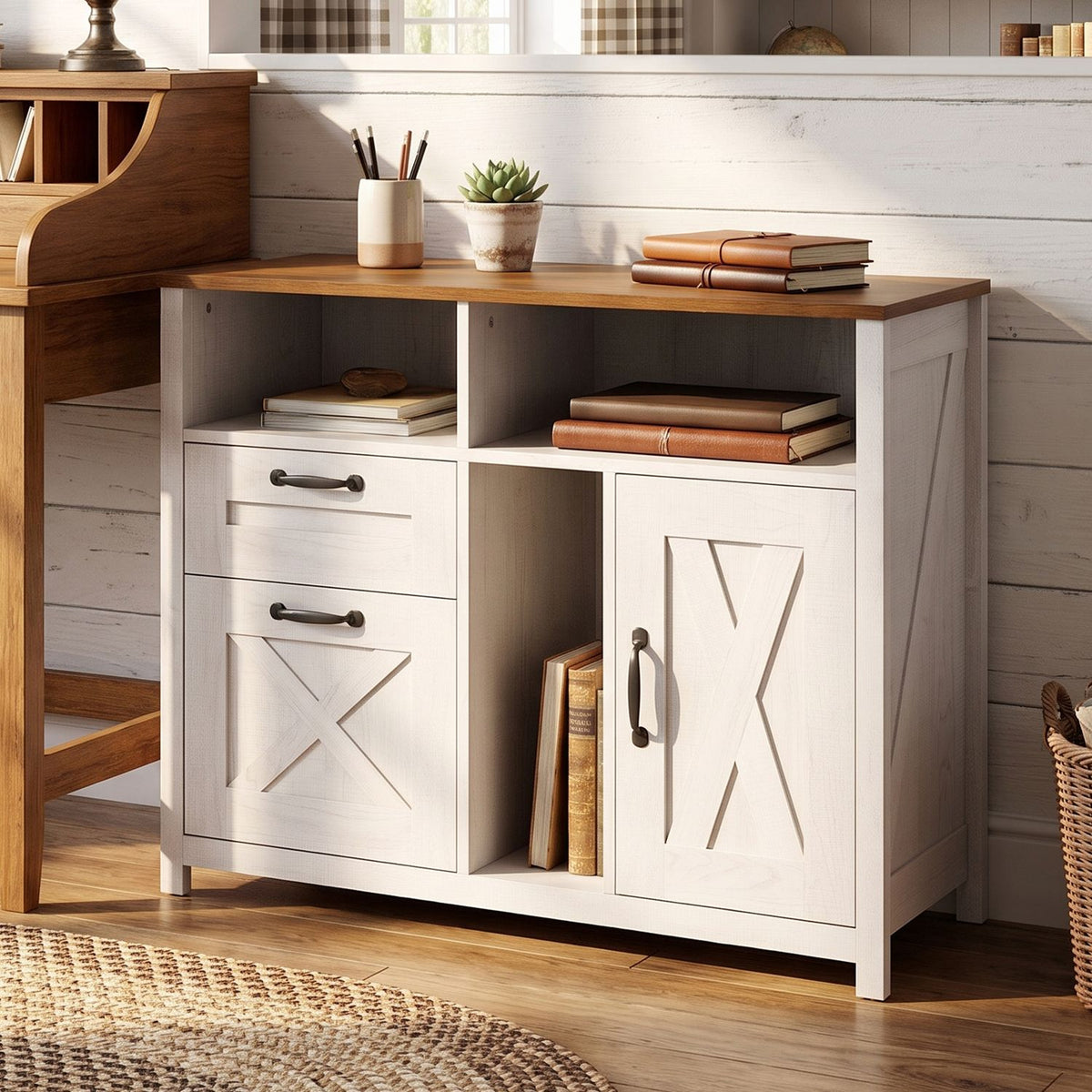 White cabinet with a wood-toned top styled with books and plants beside a desk in a bright room.