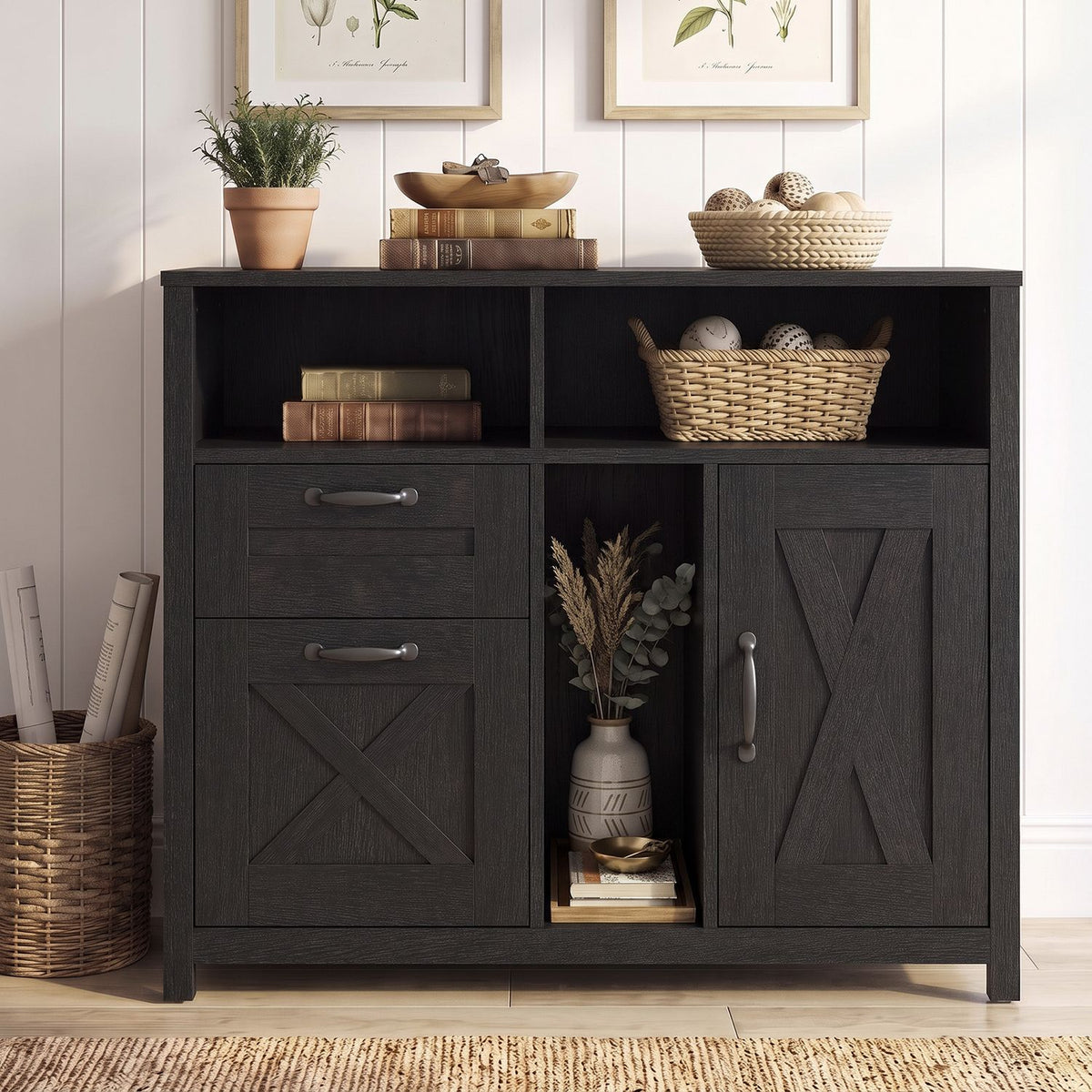 Black file cabinet shown front-on with open shelves, drawers, and a cabinet door