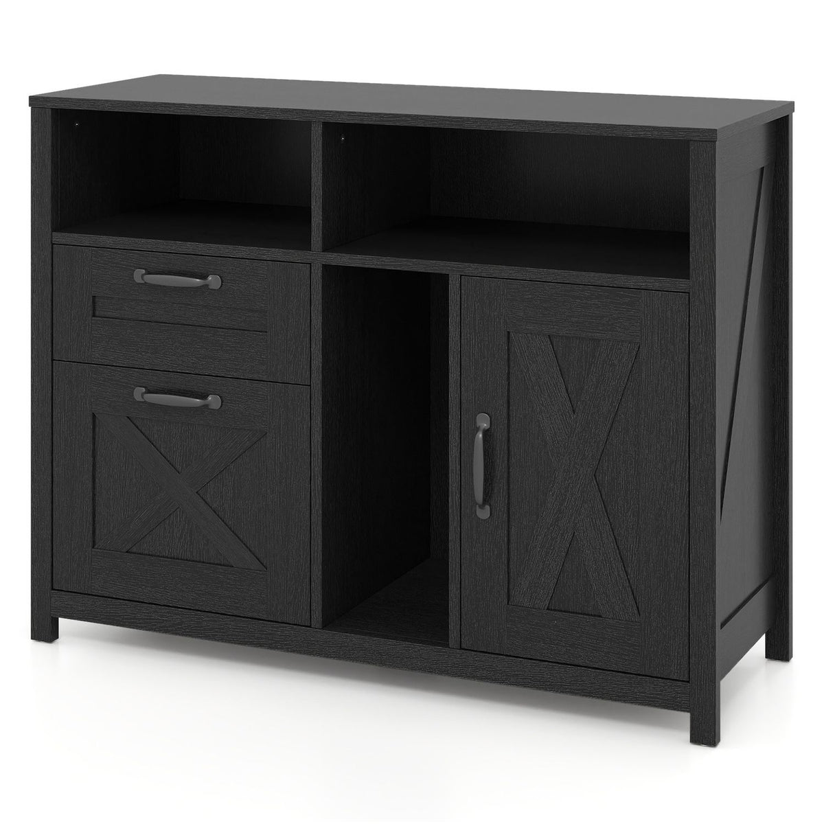 Black file cabinet shown at an angle against a plain white background