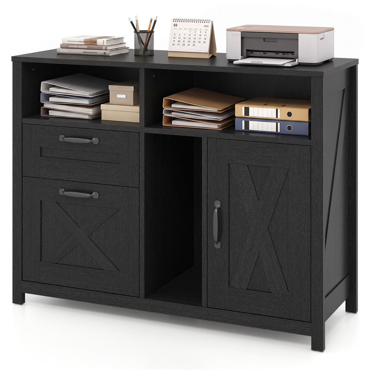 Black file cabinet with office supplies arranged on top and in its open compartments