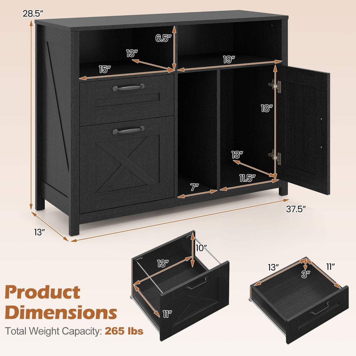 Black file cabinet with its door open in a dimensions diagram showing drawer interiors