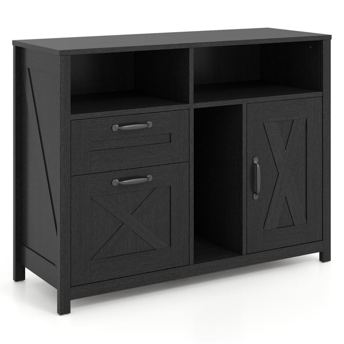 Black file cabinet shown at an angle with drawers and cabinet door closed