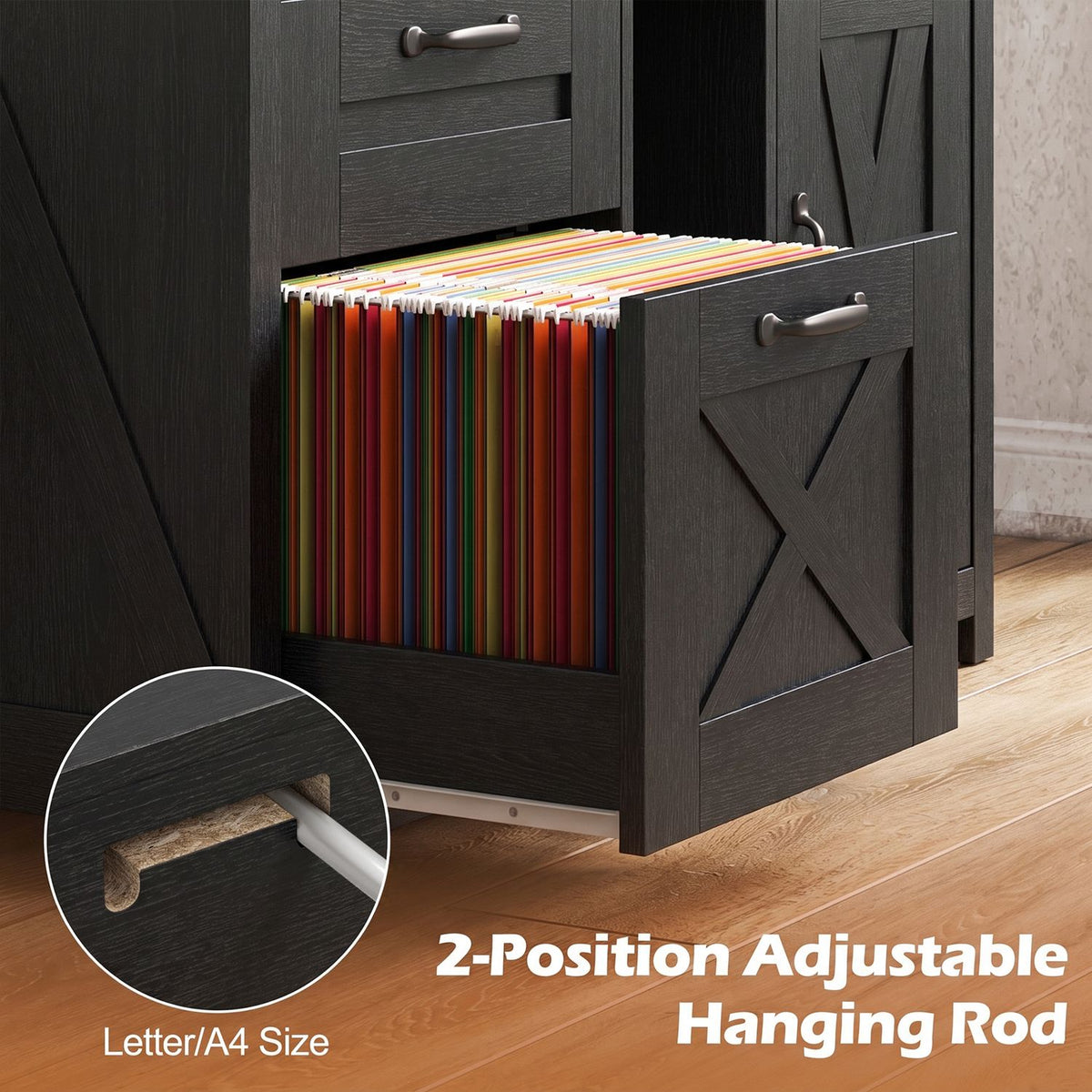 Extended file drawer filled with hanging folders, with a close-up inset of the hanging rod.