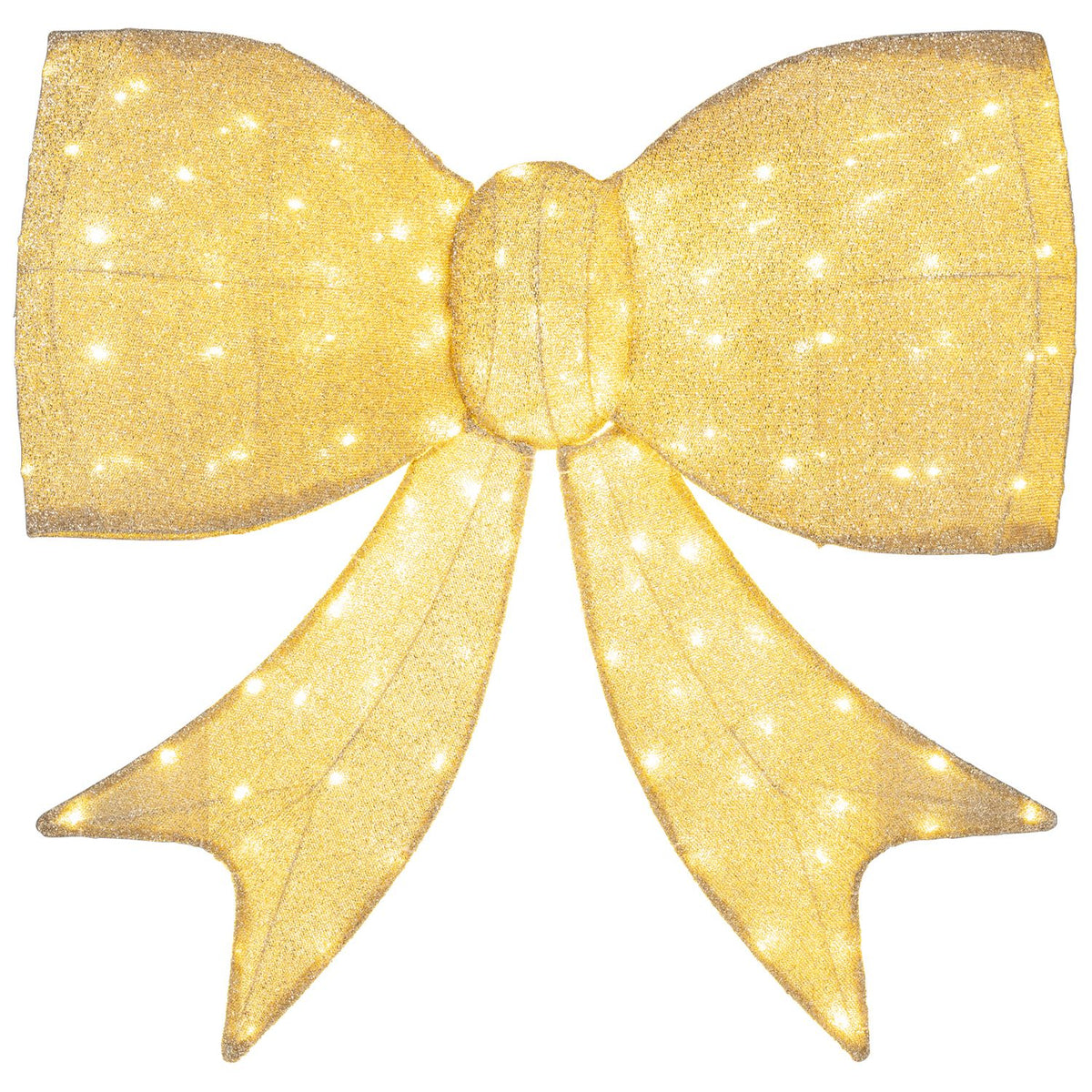 Close-up of a glowing golden bow with wide loops, a wrapped center, and two pointed tails.