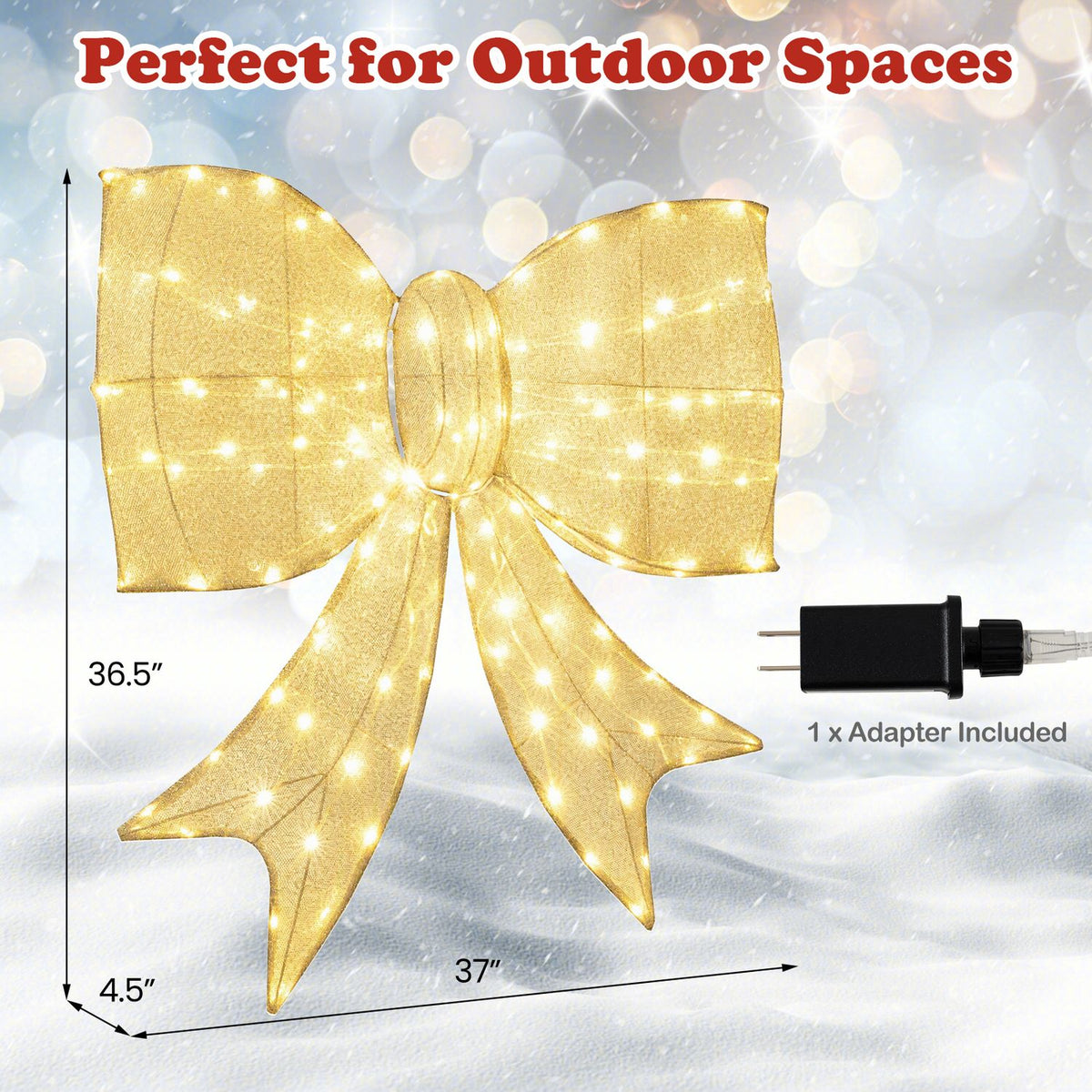 Golden illuminated bow shown with a power adapter against a snowy background.