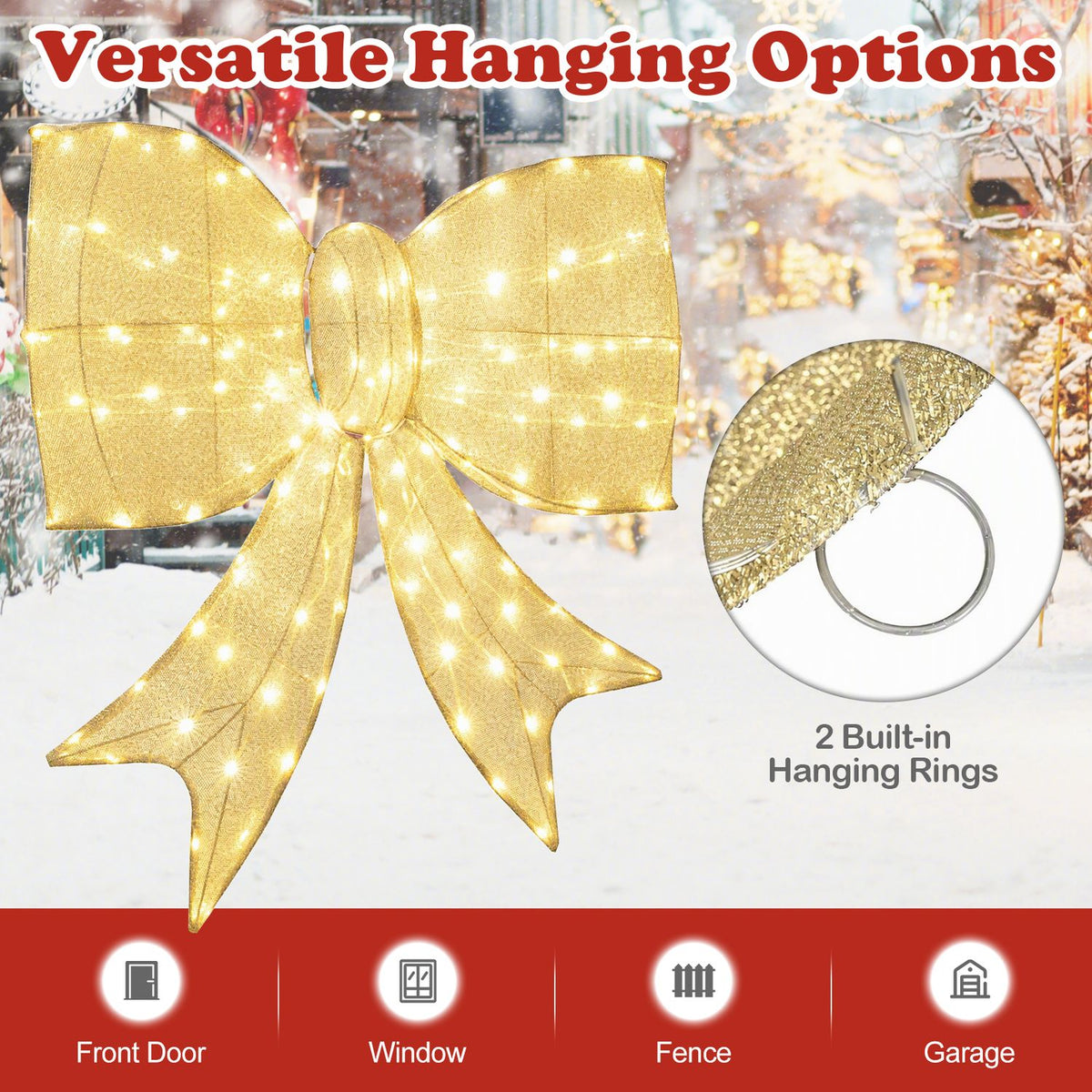 A large illuminated golden bow is shown beside a close-up of its hanging ring.