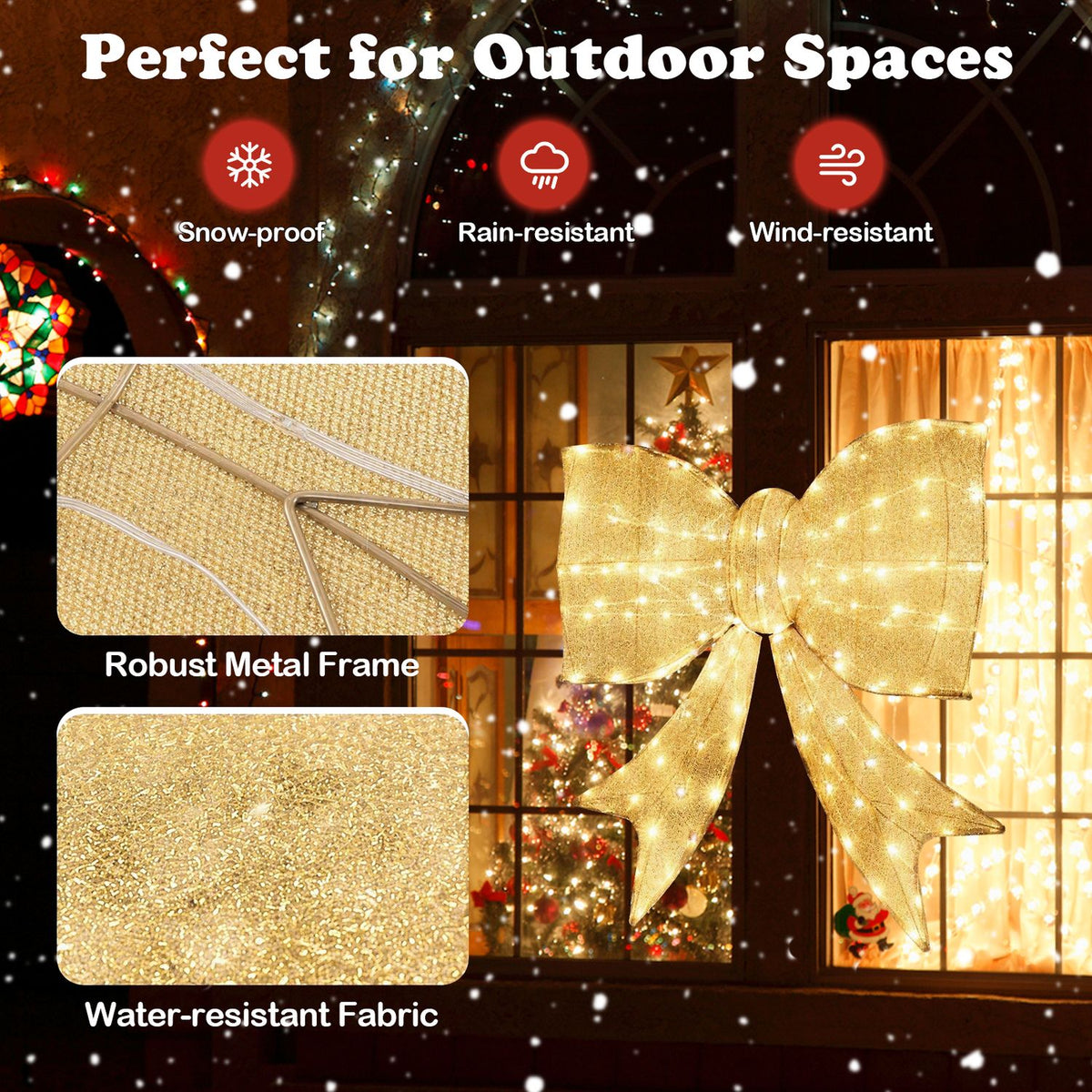 A glowing golden bow hangs outside a window, alongside close-ups of its frame and textured fabric.