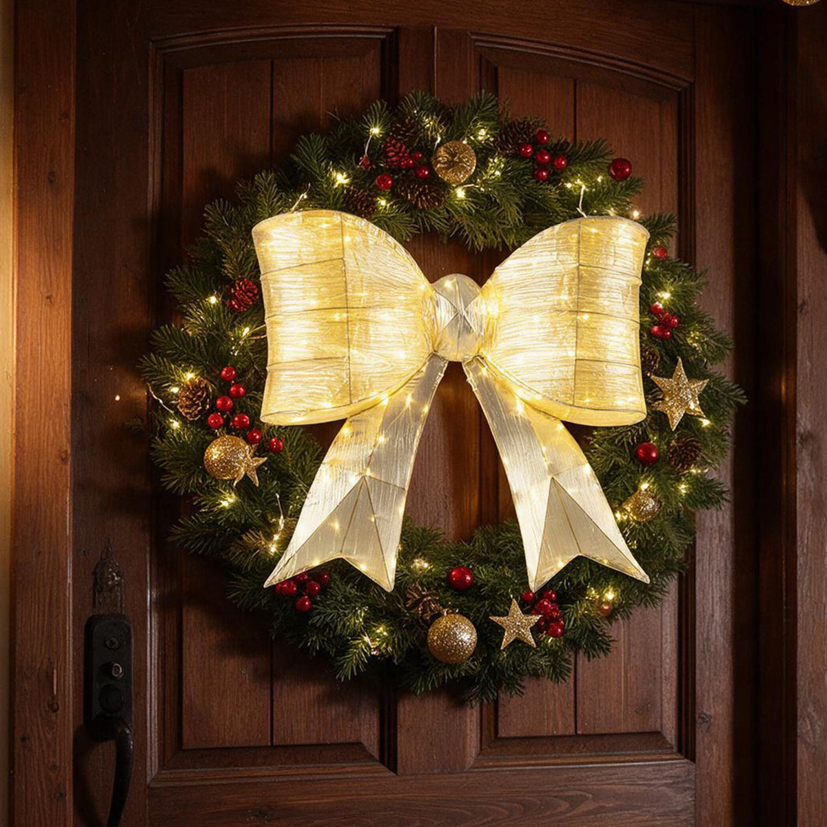 A glowing gold bow is centered on a decorated evergreen wreath hanging on a dark wooden door.
