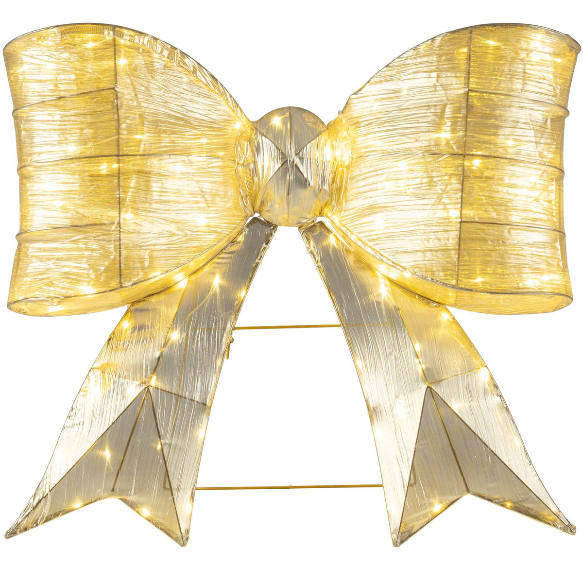 A gold fabric bow with warm lights and pointed tails, shown with its metal support frame against white.