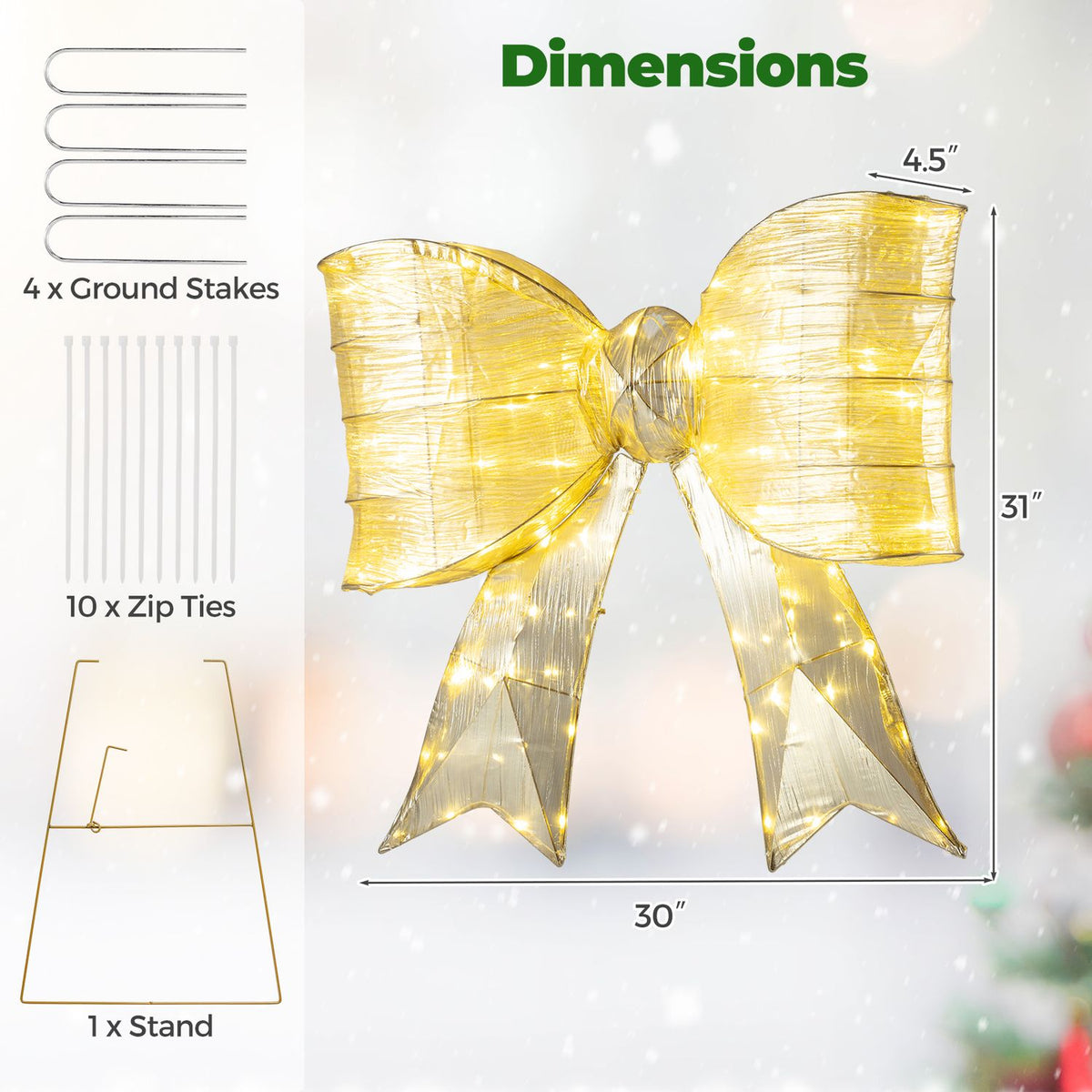 A lighted gold bow is pictured with a metal stand, ground stakes, zip ties, and measurement arrows.