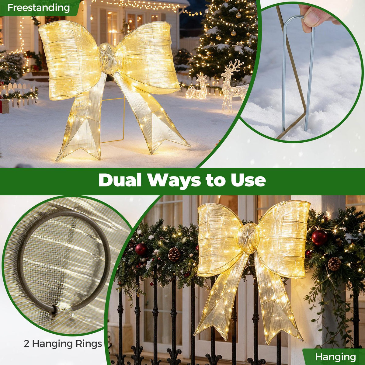 A glowing gold bow stands in snow, with close-ups showing its metal stand and hanging rings.