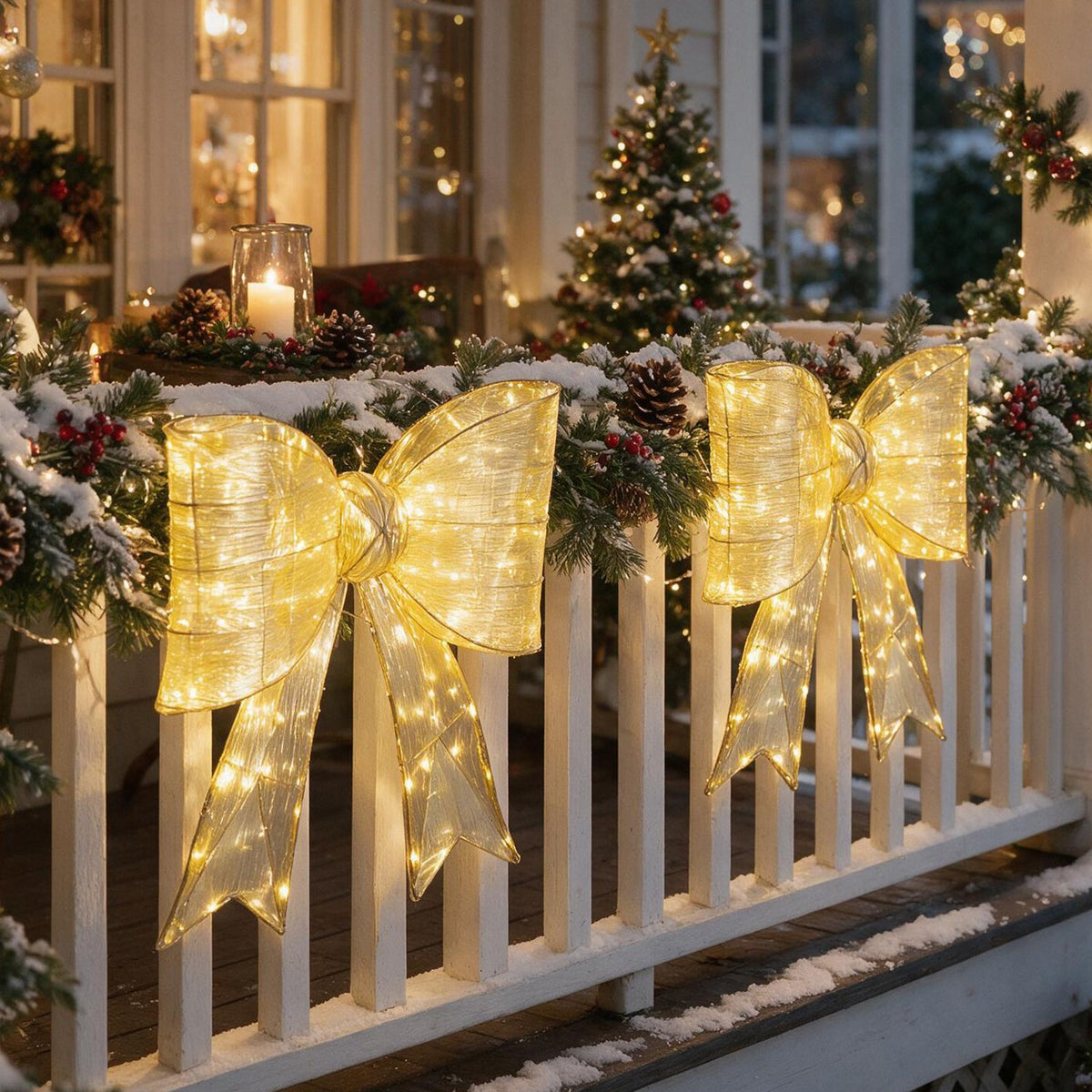 Two glowing golden bows hang from a snow-dusted porch railing decorated with evergreen garland.