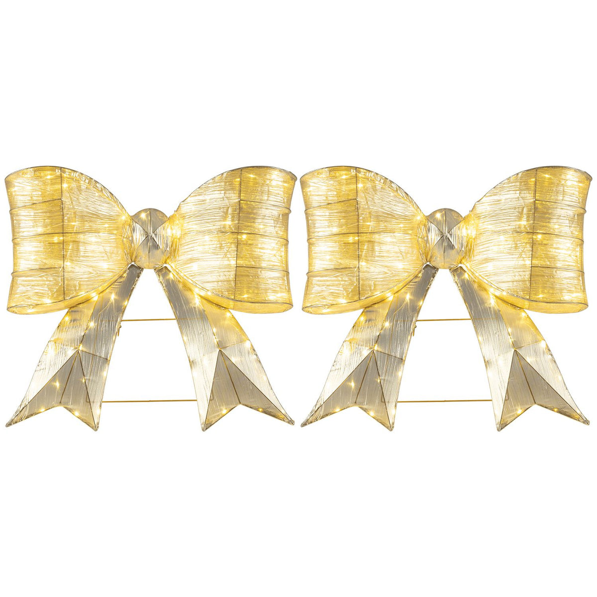 Two illuminated gold bows with long ribbon tails are shown against a white background.
