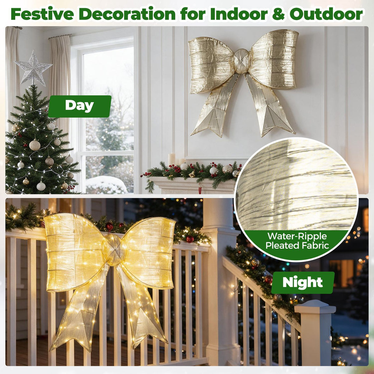 A large gold lighted bow shown beside a Christmas tree by day and glowing on a railing at night.