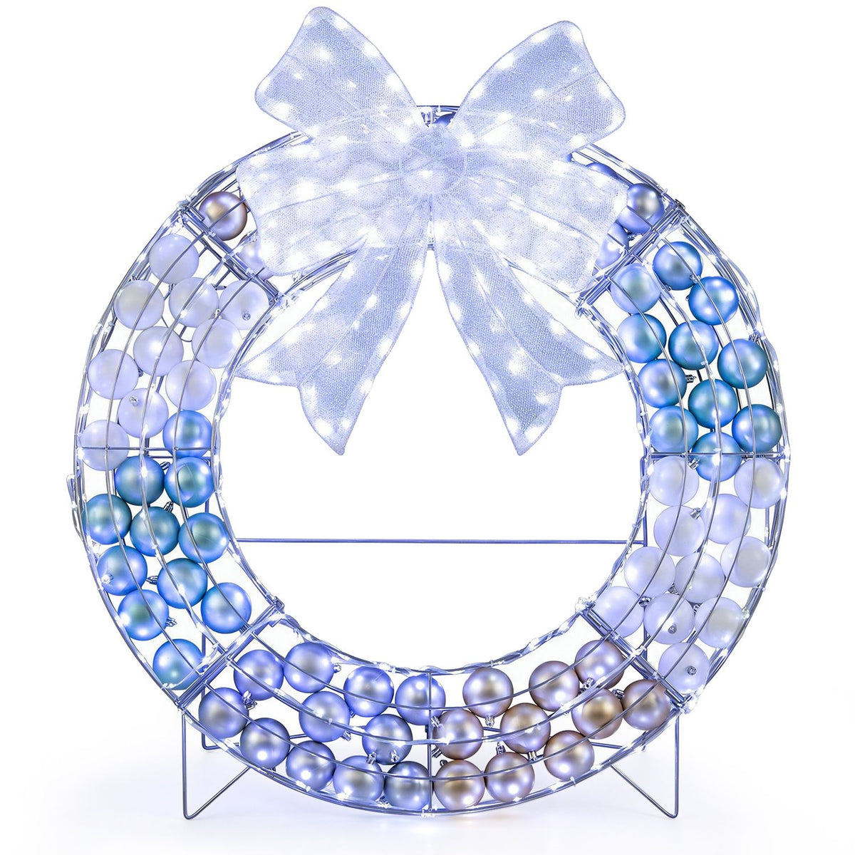 Front view of a freestanding multicolor wreath with LED lights and an iridescent bow