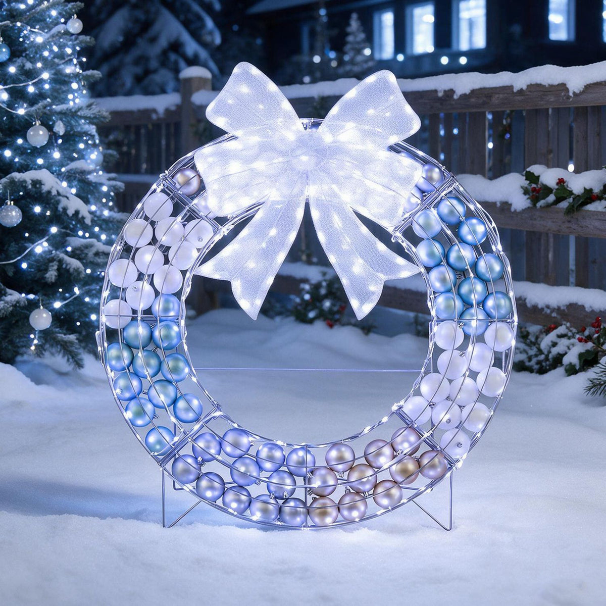 Lighted multicolor wreath with a bright bow displayed outdoors in a snowy scene