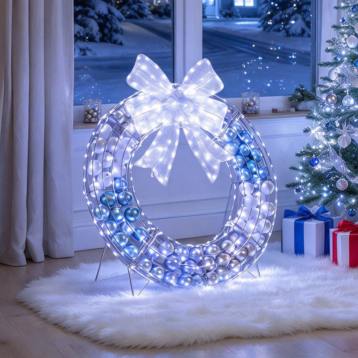 Lighted wreath and mesh bow displayed indoors beside a window and Christmas tree