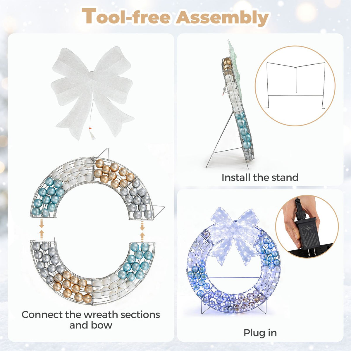 Assembly diagram showing wreath sections, stand installation and plugging in