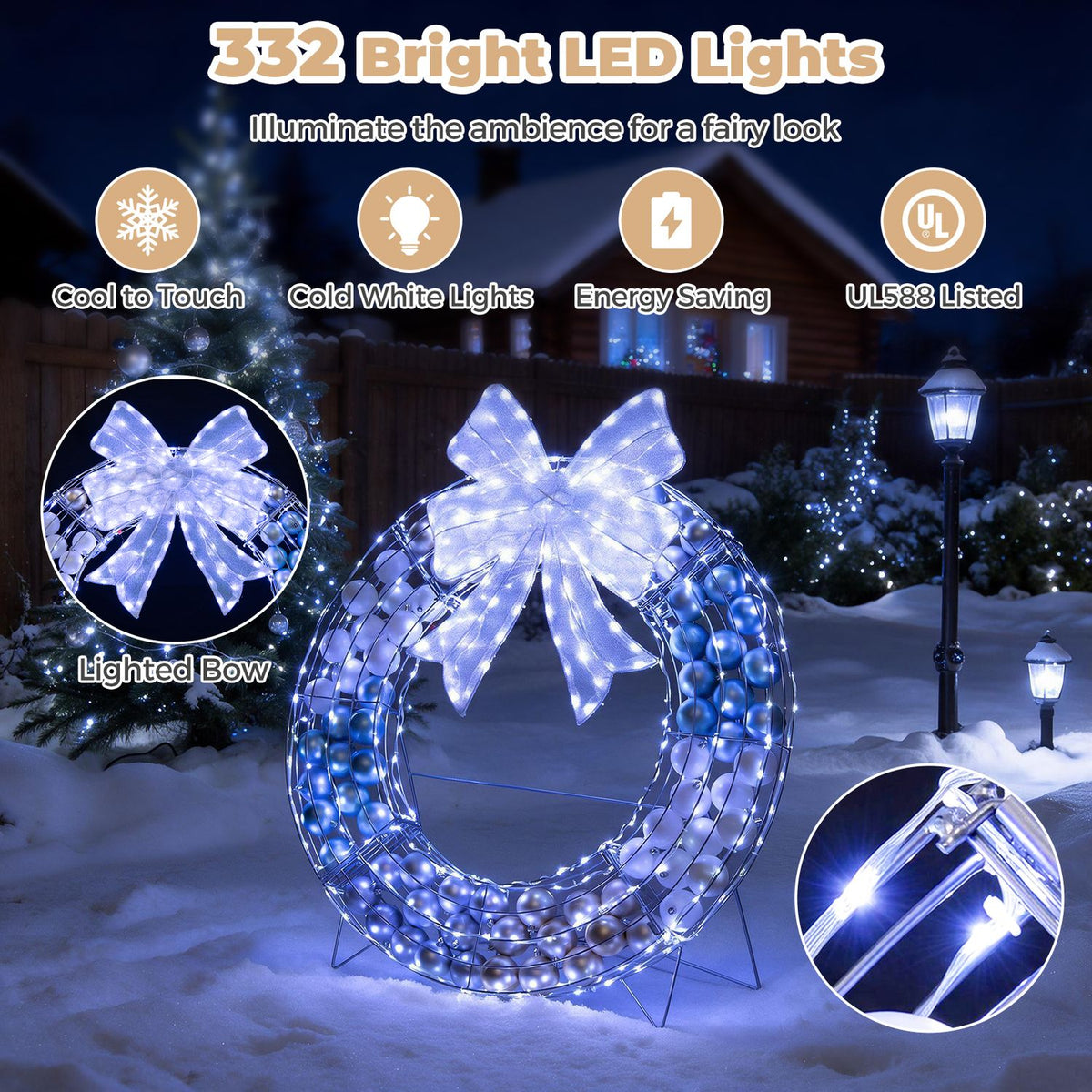 A glowing wreath with a bright bow stands in a snowy yard; circular insets show the bow and a lit section.