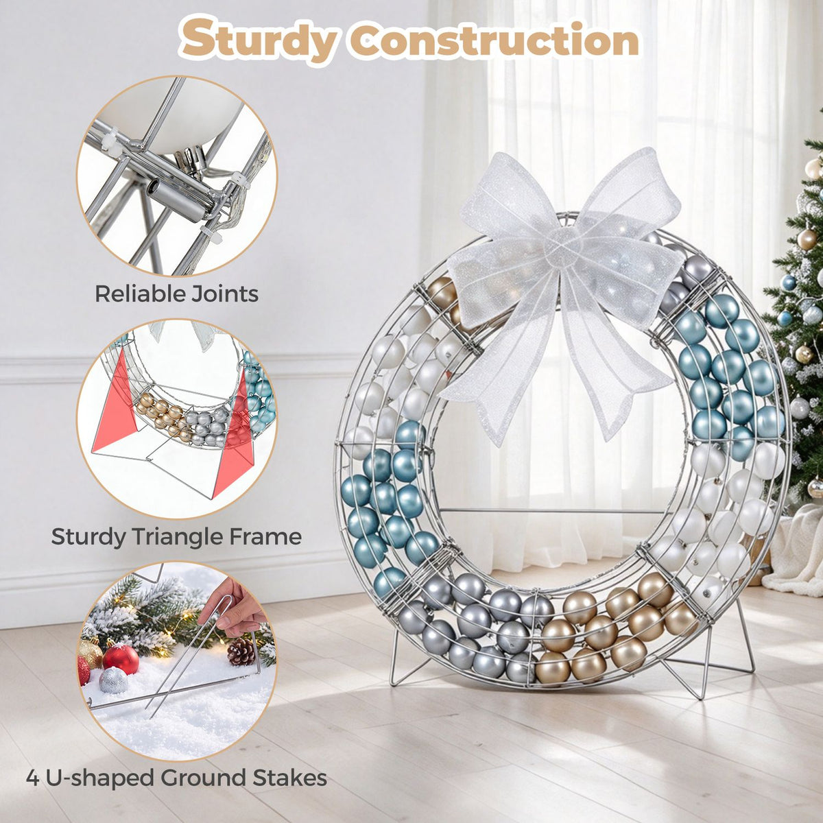 A beaded wreath with a white bow stands indoors; circular insets show its joints, triangular frame, and ground stakes.