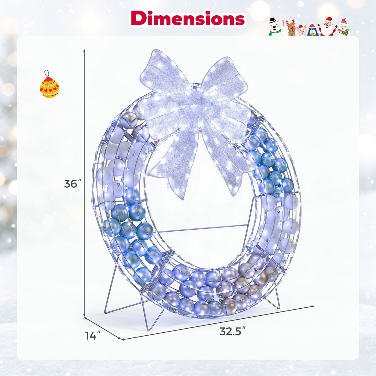 Wreath dimension graphic showing its height, width and depth measurements