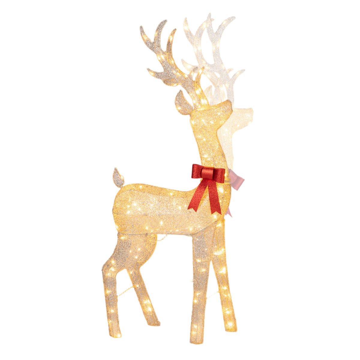 Golden illuminated reindeer with branching antlers and a red bow against a white background.