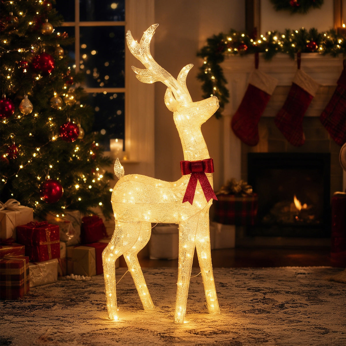 Illuminated reindeer with a red neck bow stands beside a decorated Christmas tree and fireplace.