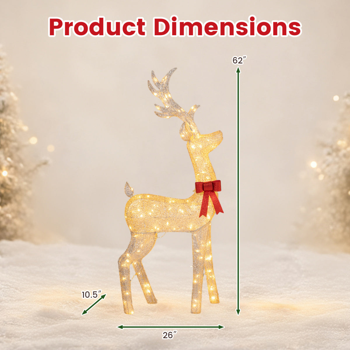 Lighted reindeer shown with arrows marking its height, width, and depth.