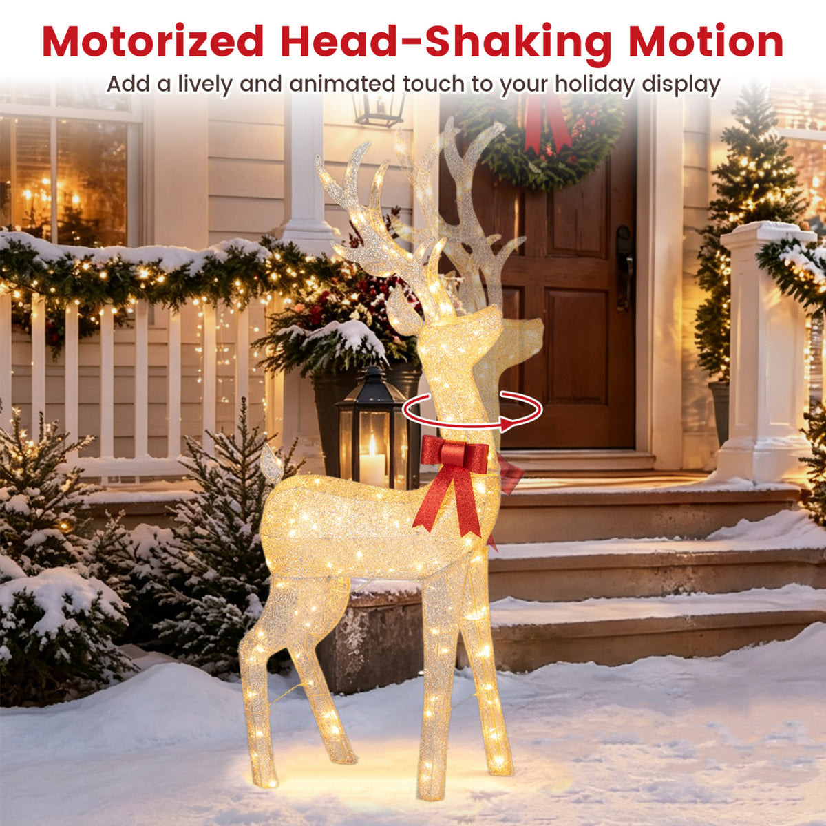 A lighted reindeer with a red bow stands on snowy porch steps, with curved arrows around its neck.