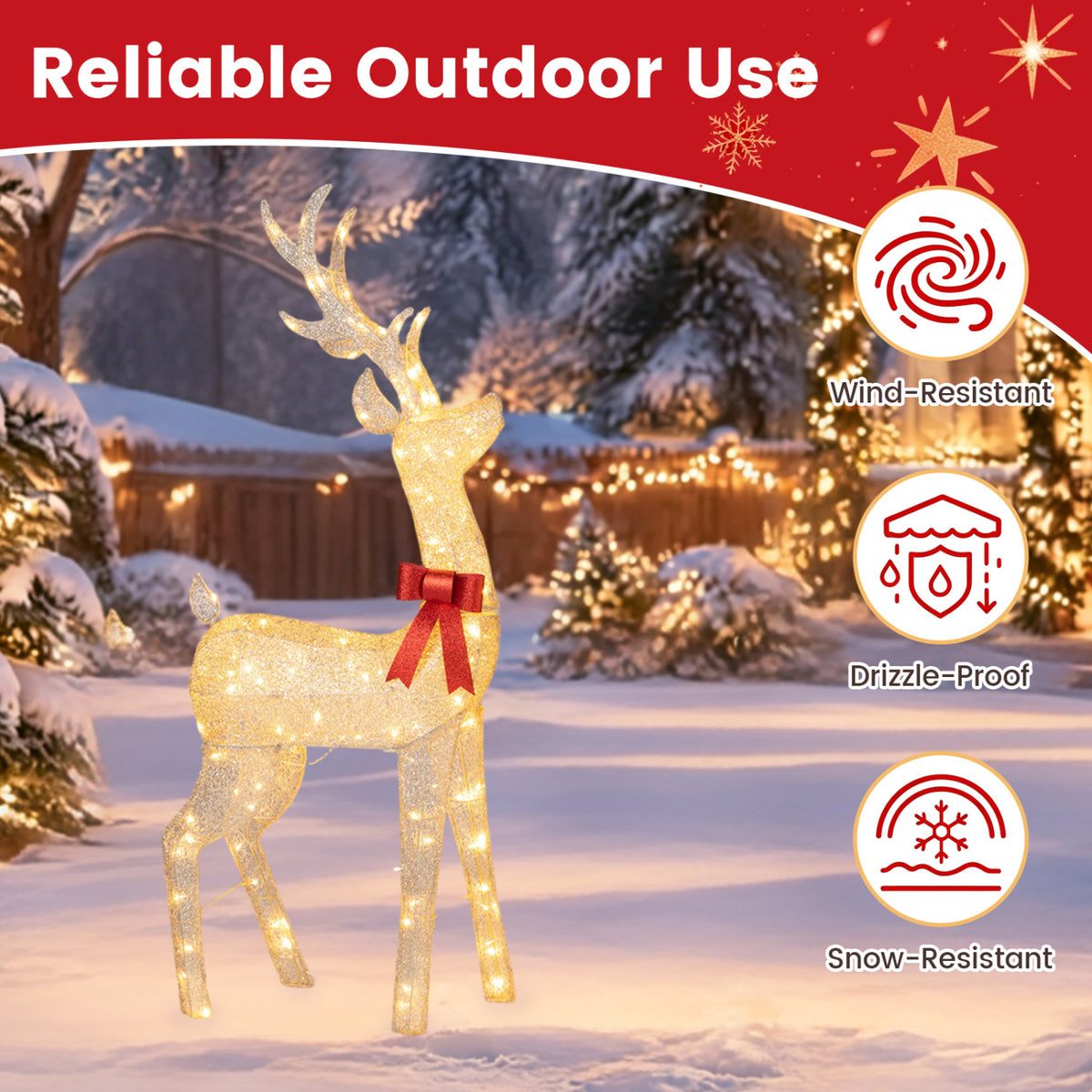 A glowing reindeer stands in a snowy yard, alongside three circular weather-related icons.