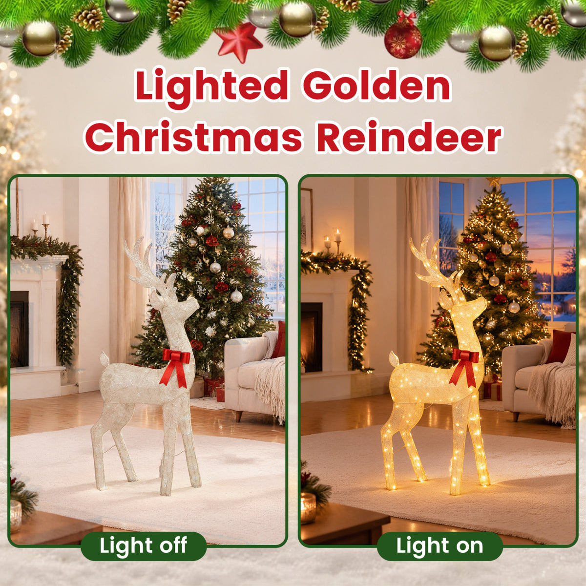 Two indoor scenes compare the reindeer unlit on the left and glowing beside a Christmas tree on the right.