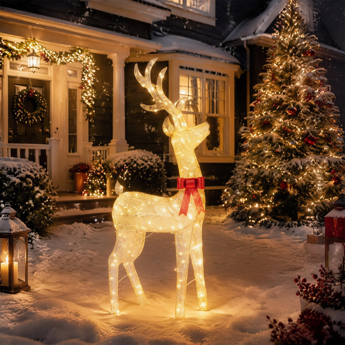 A glowing reindeer with a red bow stands in snowy yard beside a decorated Christmas tree.