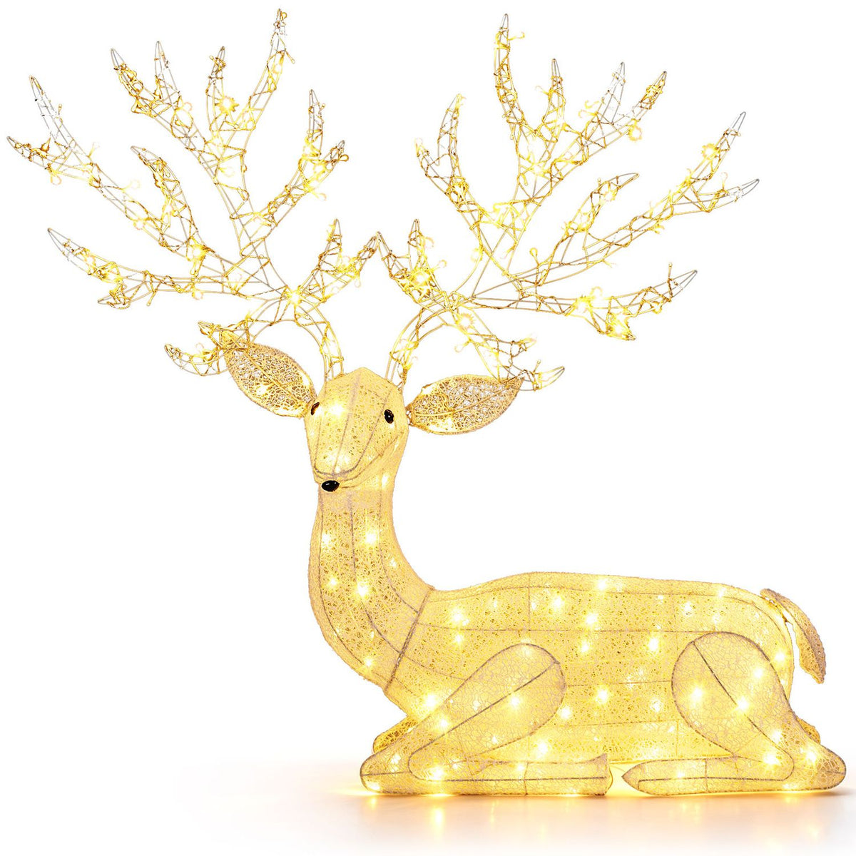 Angled view of the illuminated reindeer’s body and branching antlers on white.