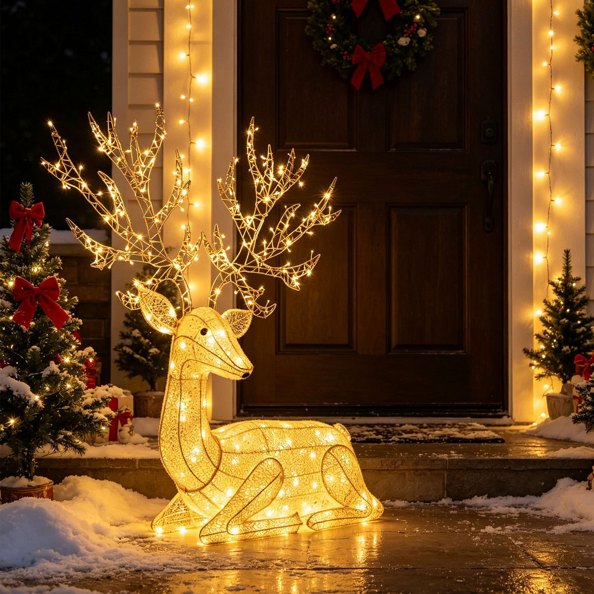 Lighted reindeer sits on snowy steps in front of a wreath-adorned entrance.