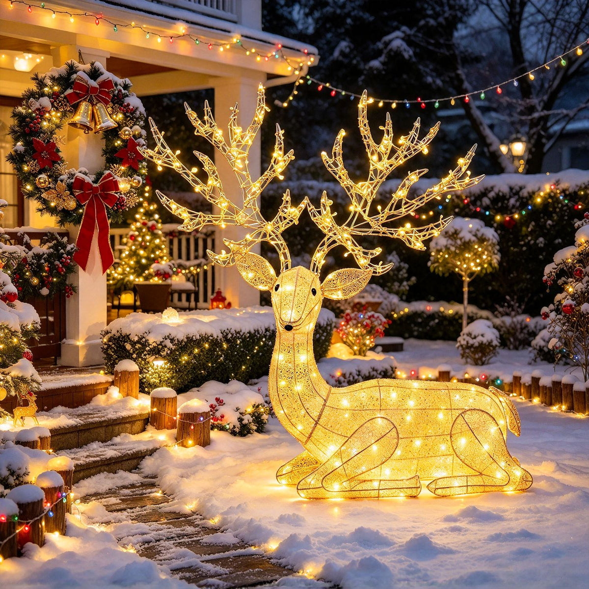 Warmly glowing wireframe reindeer kneels in a snow-covered garden decorated with Christmas lights.