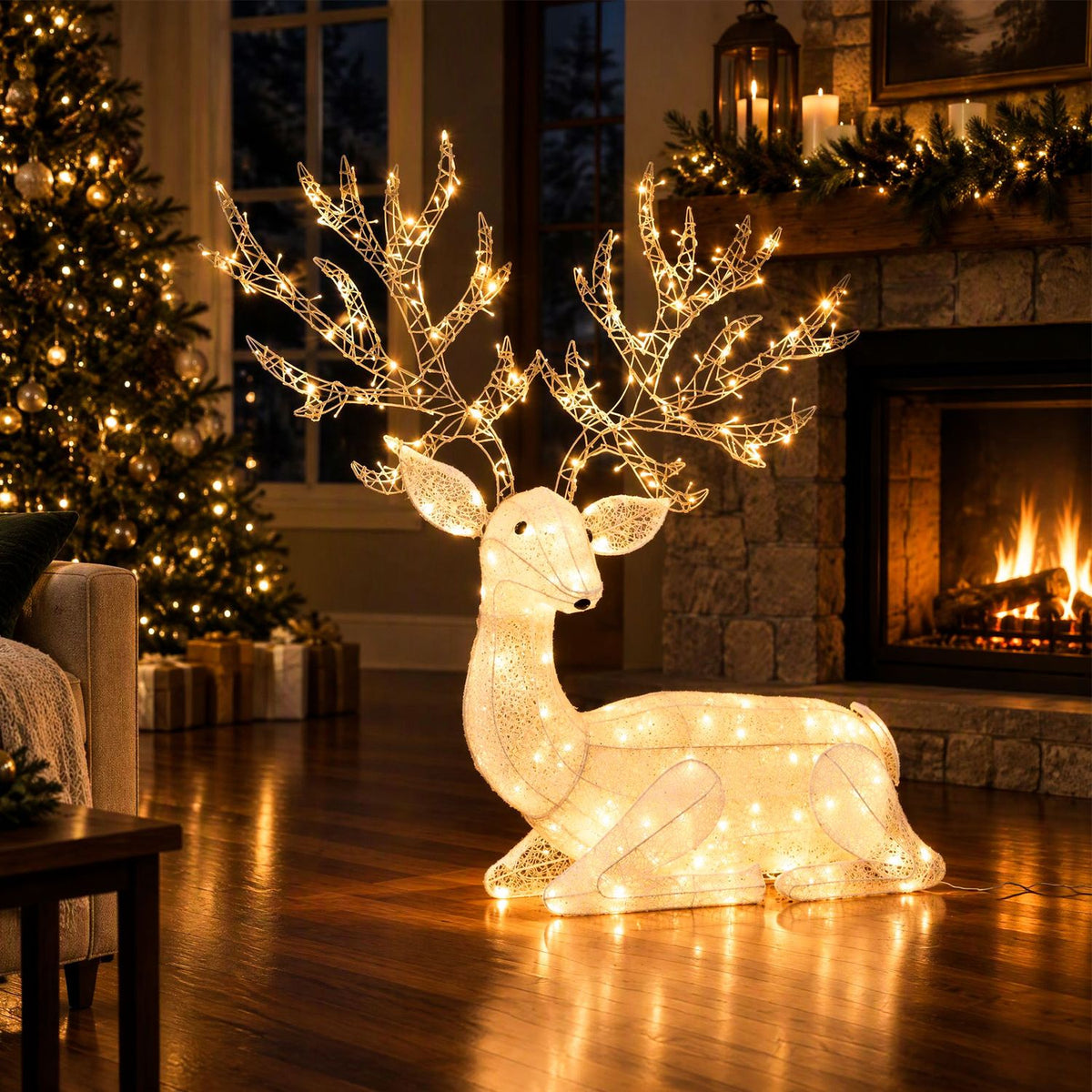 A warm-white illuminated reindeer kneels on a wooden floor beside a lit Christmas tree and fireplace.