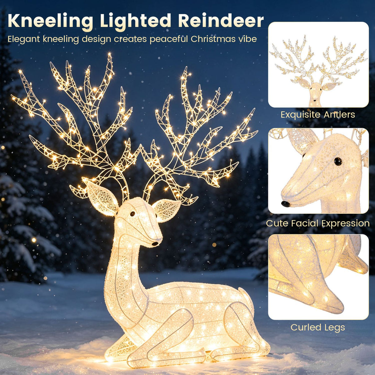 A glowing kneeling reindeer stands against a snowy night backdrop, with close-ups of its antlers, face, and curled legs.