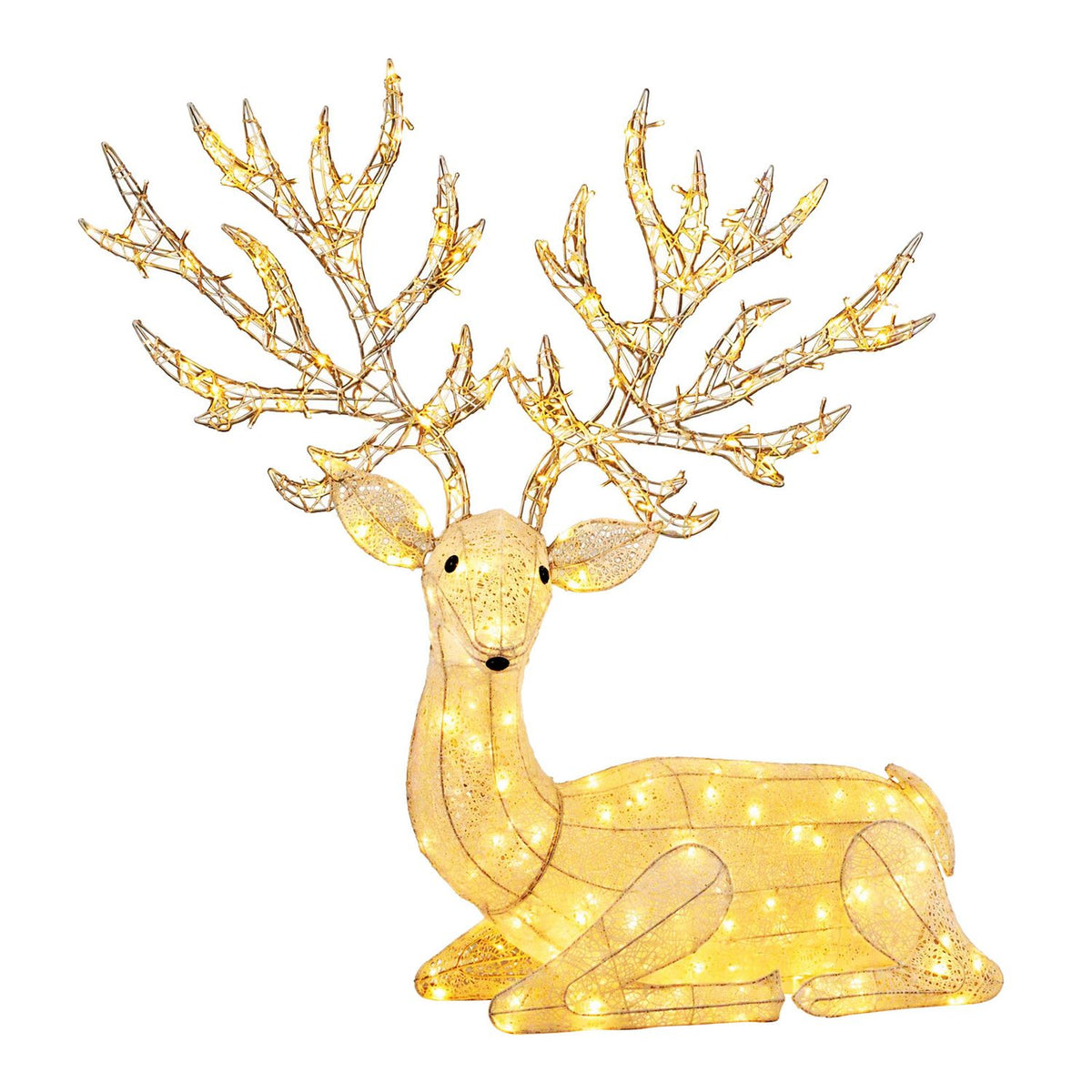 Front-facing view of a kneeling reindeer outlined with warm lights against a white background.